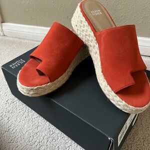 New in Box Eileen Fisher Tarry Toe Espadrille Sandals in Tangelo Tumbled Nubuck